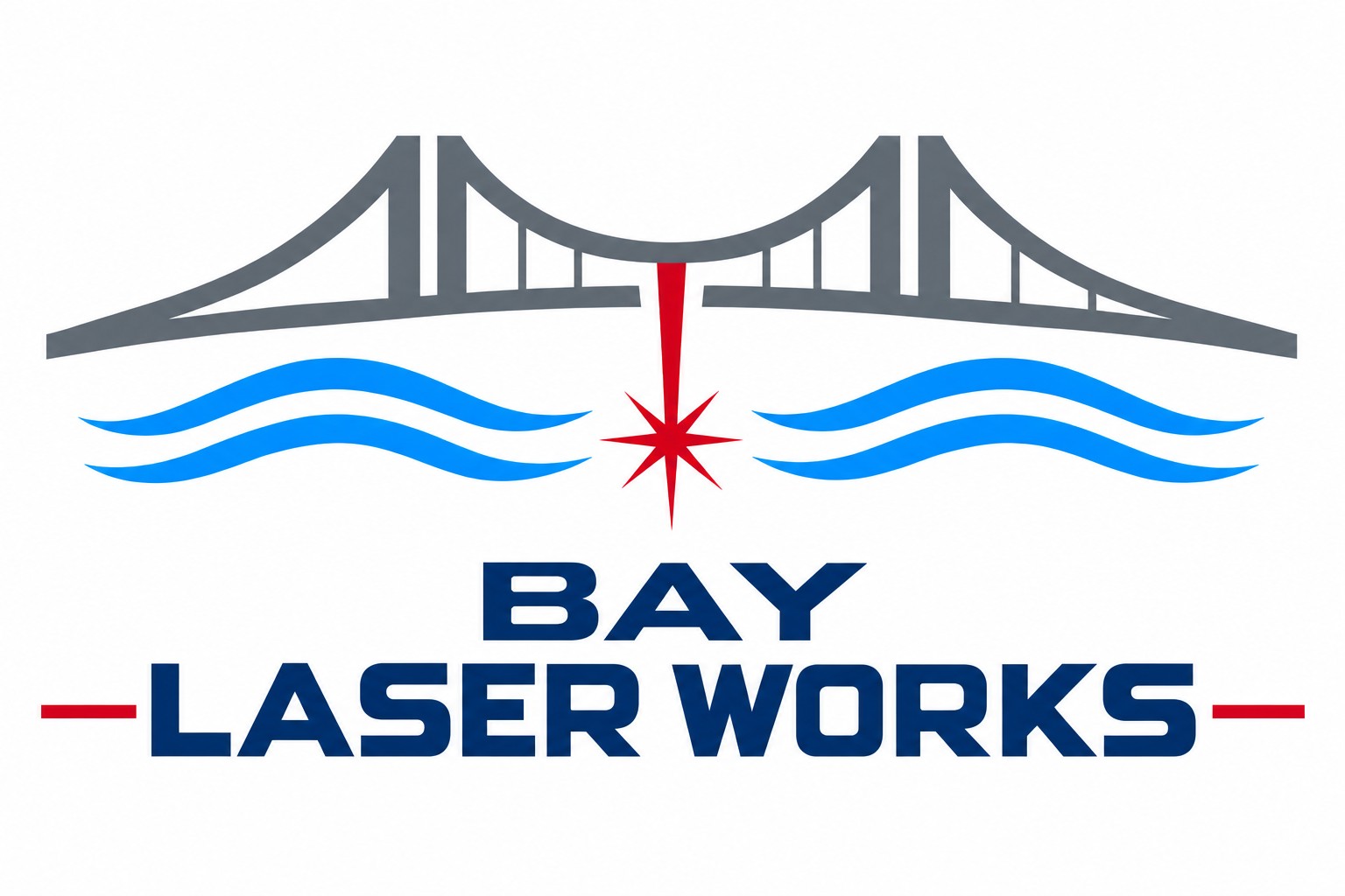 Bay Laser Works logo with bridge, blue waves, and red laser